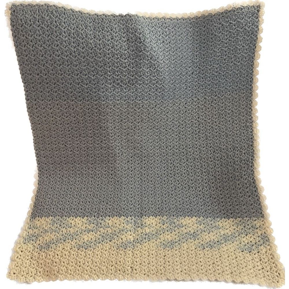 Handmade Knit Crochet Baby Blanket Pastel Blue White Lap Blanket Size 30”‎ X 35”